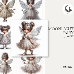 Clipart fille lune fée PNG robe transparente baguette en cristal ailes argentées ballerines boucles en désordre étincelles magiques fond Transparent téléchargement