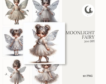 Moon Fairy Girl Clipart PNG Sheer Gown Crystal Wand Silver Wings Ballet Flats Messy Curls Magical Sparkles Transparent Background Download