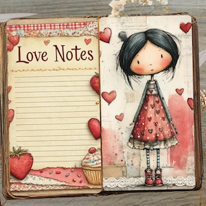 K&ouml;nnte beinhalten: Offenes Tagebuch mit den Worten "Love Notes" auf der linken Seite. Die rechte Seite zeigt ein Cartoon-M&auml;dchen in einem roten Kleid mit Herzmuster. Rote Herzen und Erdbeeren verzieren die Seiten. Ein Cupcake mit Streuseln ist ebenfalls zu sehen.