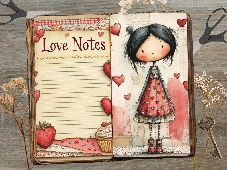K&ouml;nnte beinhalten: Offenes Tagebuch mit den Worten "Love Notes" auf der linken Seite. Die rechte Seite zeigt ein Cartoon-M&auml;dchen in einem roten Kleid mit Herzmuster. Rote Herzen und Erdbeeren verzieren die Seiten. Ein Cupcake mit Streuseln ist ebenfalls zu sehen.