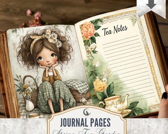 May include: Open journal with illustrated pages. One page features a girl with flowers, the other has "Tea Notes" and floral accents. The journal is labeled "Journal Pages Spring Tea Garden Printable". A digital download is available.