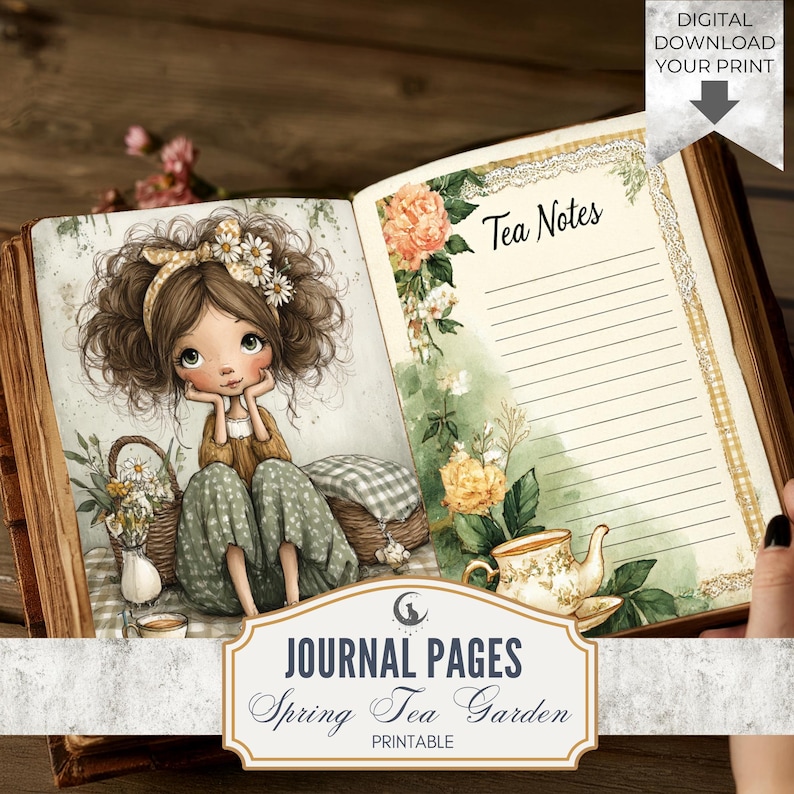 May include: Open journal with illustrated pages. One page features a girl with flowers, the other has "Tea Notes" and floral accents. The journal is labeled "Journal Pages Spring Tea Garden Printable". A digital download is available.
