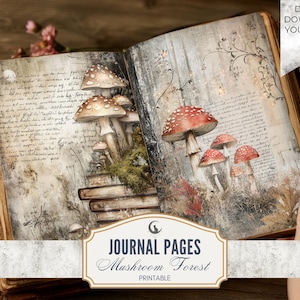 Whimsical Mushroom Forest Junk Journal Pages Printable Set Woodland Fungi Nature Theme Digital Paper for Scrapbooking Collage Crafts