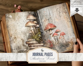 Whimsical Mushroom Forest Junk Journal Pages Printable Set Woodland Fungi Nature Theme Digital Paper for Scrapbooking Collage Crafts