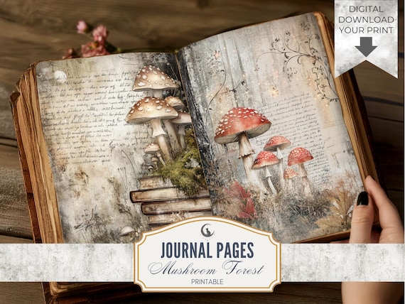 Whimsical Mushroom Forest Junk Journal Pages Printable Set Woodland Fungi Nature Theme Digital Paper for Scrapbooking Collage Crafts