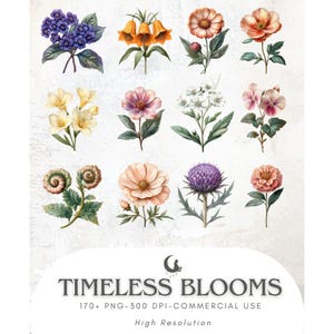 May include: A collection of watercolor floral illustrations in various colors, including purple, orange, pink, and yellow. The image features a variety of flowers with green leaves, set against a textured white background. Text at the bottom reads "Timeless Blooms".