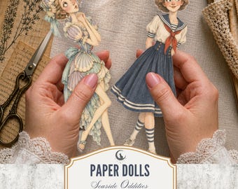 Seaside Oddities Paper Dolls PNG PDF Eccentric Beach Characters Seashell Sailor Pearl Jellyfish Fussy Cuts Scrapbook Ephemera Junk Journal