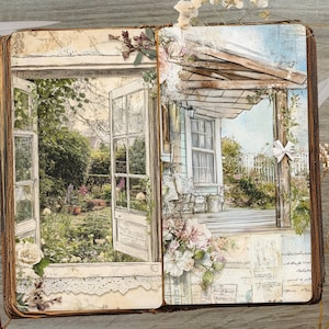 May include: Open book with a garden scene illustration. The left page shows an open door leading to a garden with potted plants. The right page depicts a porch with a white picket fence. Floral and lace embellishments are present.