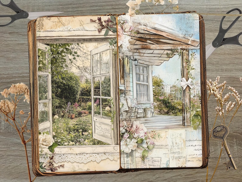 May include: Open book with a garden scene illustration. The left page shows an open door leading to a garden with potted plants. The right page depicts a porch with a white picket fence. Floral and lace embellishments are present.