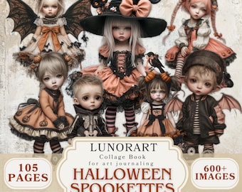 Pink Halloween Collage Book Coquette Bow Fashionista Ephemera Whimsical Digital Cutouts for Art Journaling Cute Gothic Kids Printable Kit