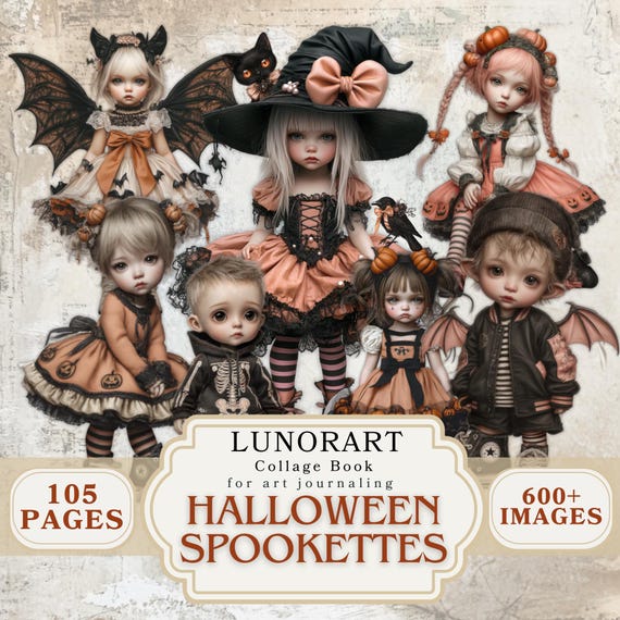 Pink Halloween Collage Book Coquette Bow Fashionista Ephemera Whimsical Digital Cutouts for Art Journaling Cute Gothic Kids Printable Kit