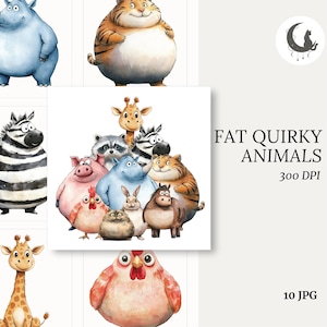 Fazenda de aquarela gorda e peculiar, clipart de animais excêntricos, gráficos para artesanato e decoração de aniversário, conjunto de 10 criaturas hilárias em PNG para sublimação