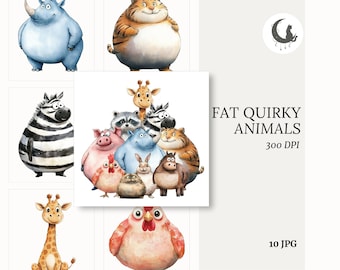 Fat Quirky Watercolor Farm Whimsical Animal Clipart Graphics for Birthday Crafts and Decor Set of 10 Hilarious Creatures Png Sublimation