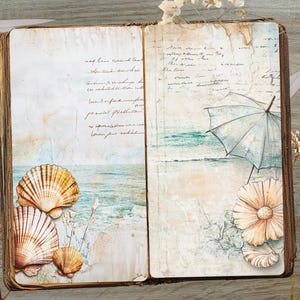 May include: An open journal with a vintage aesthetic, featuring hand-drawn illustrations of seashells, an umbrella, and a flower. The pages are filled with handwritten text and have a faded, aged look.