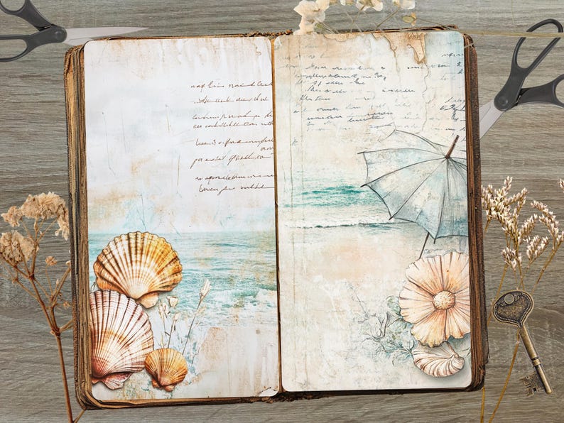 May include: An open journal with a vintage aesthetic, featuring hand-drawn illustrations of seashells, an umbrella, and a flower. The pages are filled with handwritten text and have a faded, aged look.