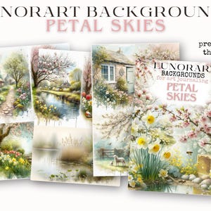 May include: A collection of watercolor art journal backgrounds titled "Petal Skies" by Lunorart. The images feature serene landscapes with cottages, flowering trees, and bodies of water. The book preview is visible, showcasing the title and author.