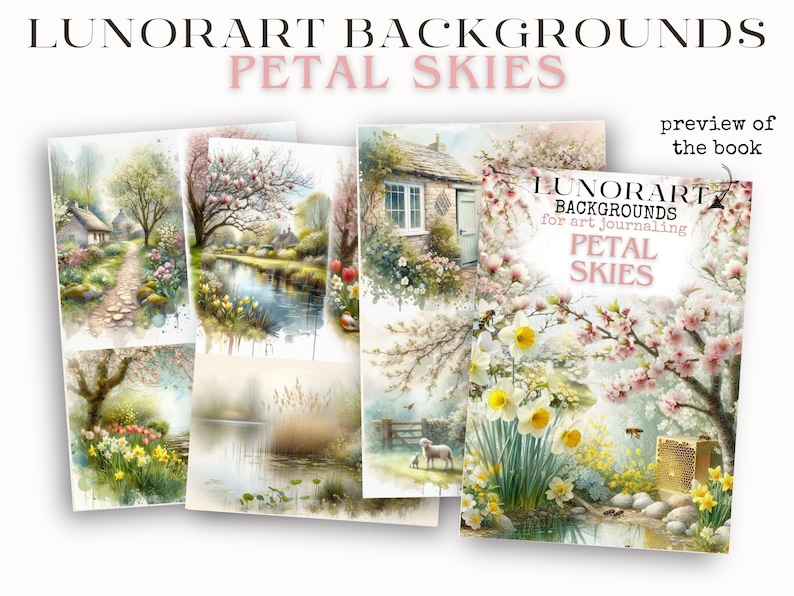 May include: A collection of watercolor art journal backgrounds titled "Petal Skies" by Lunorart. The images feature serene landscapes with cottages, flowering trees, and bodies of water. The book preview is visible, showcasing the title and author.