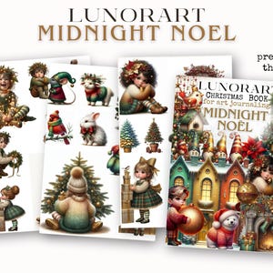 Puede incluir: Una colecci&oacute;n de p&aacute;ginas de diario de arte con tem&aacute;tica navide&ntilde;a y una portada de libro. Las p&aacute;ginas presentan ilustraciones de ni&ntilde;os, animales y &aacute;rboles de Navidad. La portada del libro dice "LUNORART CHRISTMAS BOOK for art journaling MIDNIGHT NO&Euml;L".