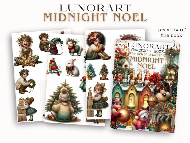 Puede incluir: Una colecci&oacute;n de p&aacute;ginas de diario de arte con tem&aacute;tica navide&ntilde;a y una portada de libro. Las p&aacute;ginas presentan ilustraciones de ni&ntilde;os, animales y &aacute;rboles de Navidad. La portada del libro dice "LUNORART CHRISTMAS BOOK for art journaling MIDNIGHT NO&Euml;L".