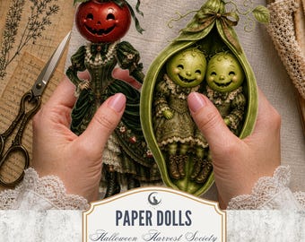 Halloween Harvest Paper Dolls PNG PDF Whimsical Gothic Garden Characters Fussy Cuts Cottagecore Junk Journal Scrapbook Download