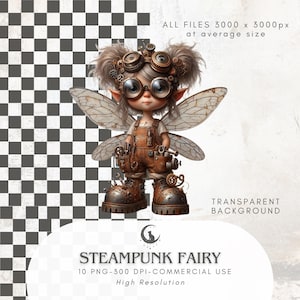 May include: A digital illustration of a steampunk fairy with goggles, wings, and mechanical details. The fairy wears brown overalls and boots, with gears and tools incorporated into the design. The image includes the text "STEAMPUNK FAIRY" and "High Resolution".