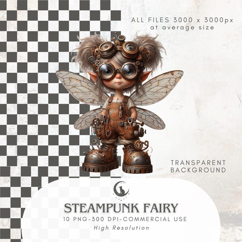 May include: A digital illustration of a steampunk fairy with goggles, wings, and mechanical details. The fairy wears brown overalls and boots, with gears and tools incorporated into the design. The image includes the text "STEAMPUNK FAIRY" and "High Resolution".