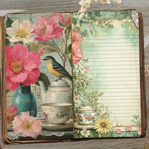 May include: Open book with floral illustrations and a bird perched on a teapot. The left page features a teal vase with pink flowers, a teapot, and a teacup. The right page has lined paper with floral accents. A vintage key and scissors are on the wooden surface.