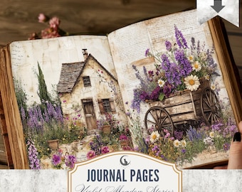 Purple Wildflower Junk Journal Pages JPG PDF Violet Meadow Rustic Botanical Backgrounds Ephemera Scrapbook Collage Crafts Digital Download