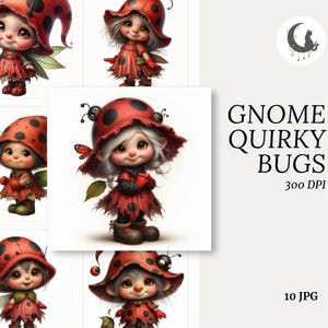 Set di 10 clipart di gnomi coccinella stravaganti di alta qualità a 300 DPI, arte primaverile bizzarra per biglietti, scrapbooking, artigianato, download digitale