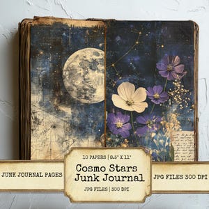 Celestial Galaxy ongewenste dagboekpagina's Set van 10 afdrukbare 300 DPI digitale papers Cosmic Sky Stars Moon-thema voor scrapbooking, collage ambachten