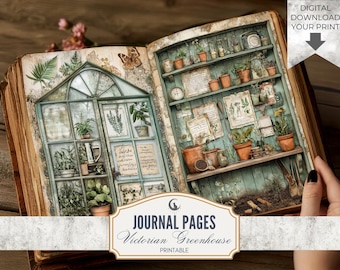 Viktorianska växthus skräpjournalsidor utskrivbara botaniska trädgårdsephemera rustika blommiga digitala pappersset för scrapbooking och hantverk