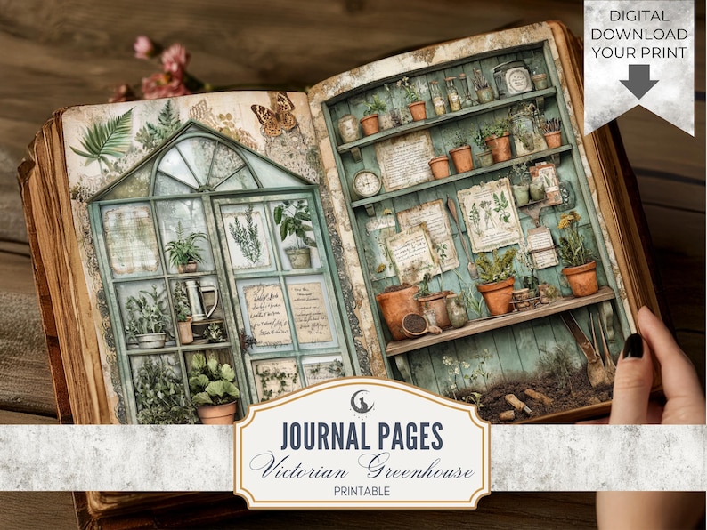Victorian Greenhouse Junk Journal Pages Printable Botanical Garden Ephemera Rustic Floral Digital Paper Set for Scrapbooking Crafts image 1