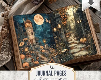 Moon Moth Backgrounds JPG PDF Whimsical Botanical Cottagecore Junk Journal Pages Enchanted Halloween Garden Scrapbook A4 Landscape Download