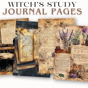 May include: A collection of vintage-style journal pages with handwritten text, botanical illustrations, and apothecary elements. The pages are aged with a sepia tone, featuring the text "WITCH'S STUDY JOURNAL PAGES".