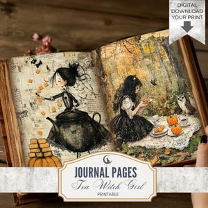 Tee Hexe Mädchen Kürbis Kuchen Junk Journal Seiten, gemütliche Cottagecore Skurril Halloween Ephemera, printable JPG Digital Papier für Scrapbooking