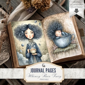 Quirky Rain Fairy Junk Journal Pages JPG Whimsical Printable Ephemera Rustic Fantasy Collage Paper Cottagecore Scrapbook Digital Download