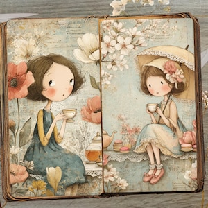 May include: A vintage-style illustration depicts two girls enjoying tea. One sits under a parasol, the other amidst flowers. The artwork is set within an open book, featuring soft colors, floral accents, and teacups, evoking a whimsical, storybook aesthetic.