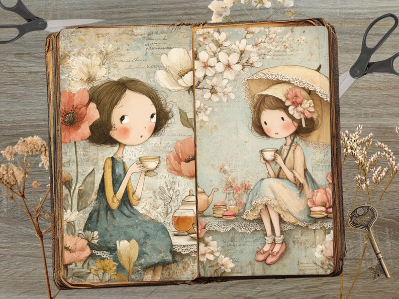 May include: A vintage-style illustration depicts two girls enjoying tea. One sits under a parasol, the other amidst flowers. The artwork is set within an open book, featuring soft colors, floral accents, and teacups, evoking a whimsical, storybook aesthetic.