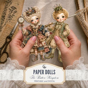 May include: Two paper dolls featuring characters in ornate, button-adorned clothing and crowns. One doll holds a button-topped scepter, the other a large needle. The text reads PAPER DOLLS The Button Kingdom PRINTABLE and DIGITAL.