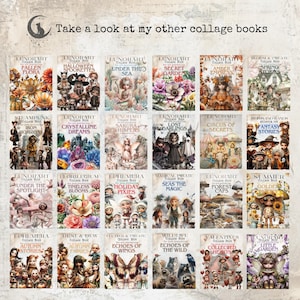 Puede incluir: Una colecci&oacute;n de libros de collage con varios temas, incluyendo "Fallen Flora", "Halloween Spookettes" y "Under the Sea". Cada portada presenta ilustraciones detalladas y el texto "Take a look at my other collage books".