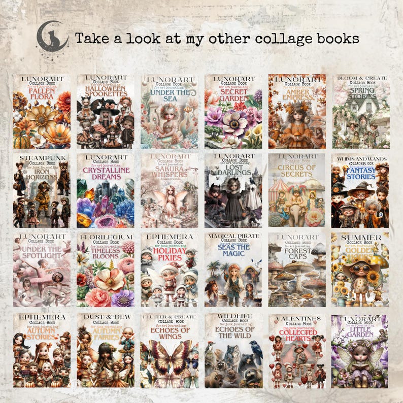 Puede incluir: Una colecci&oacute;n de libros de collage con varios temas, incluyendo "Fallen Flora", "Halloween Spookettes" y "Under the Sea". Cada portada presenta ilustraciones detalladas y el texto "Take a look at my other collage books".