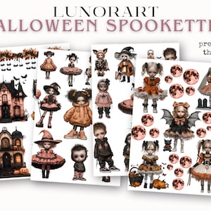 Pode incluir: Quatro folhas de autocolantes e ilustra&ccedil;&otilde;es com tema de Halloween. Os autocolantes apresentam bonecas assustadoras, casas assombradas, morcegos, ab&oacute;boras e luas cheias. O texto "LUNORART" e "HALLOWEEN SPOOKETTES" est&aacute; no topo, com "preview of the book" &agrave; direita.
