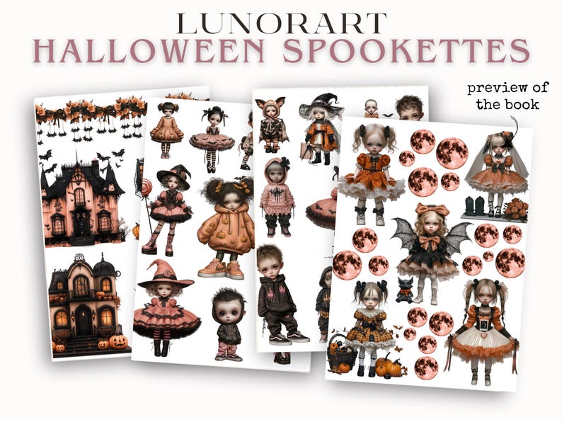 Pode incluir: Quatro folhas de autocolantes e ilustra&ccedil;&otilde;es com tema de Halloween. Os autocolantes apresentam bonecas assustadoras, casas assombradas, morcegos, ab&oacute;boras e luas cheias. O texto "LUNORART" e "HALLOWEEN SPOOKETTES" est&aacute; no topo, com "preview of the book" &agrave; direita.