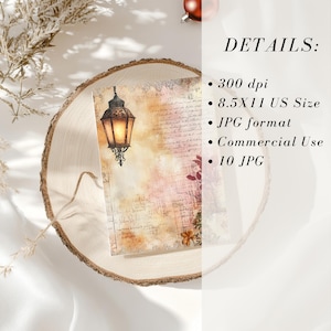 May include: A decorative paper with a vintage aesthetic. The design features a detailed illustration of a lantern with a warm glow, set against a backdrop of aged paper with script and floral accents. The text "DETAILS:" is visible.