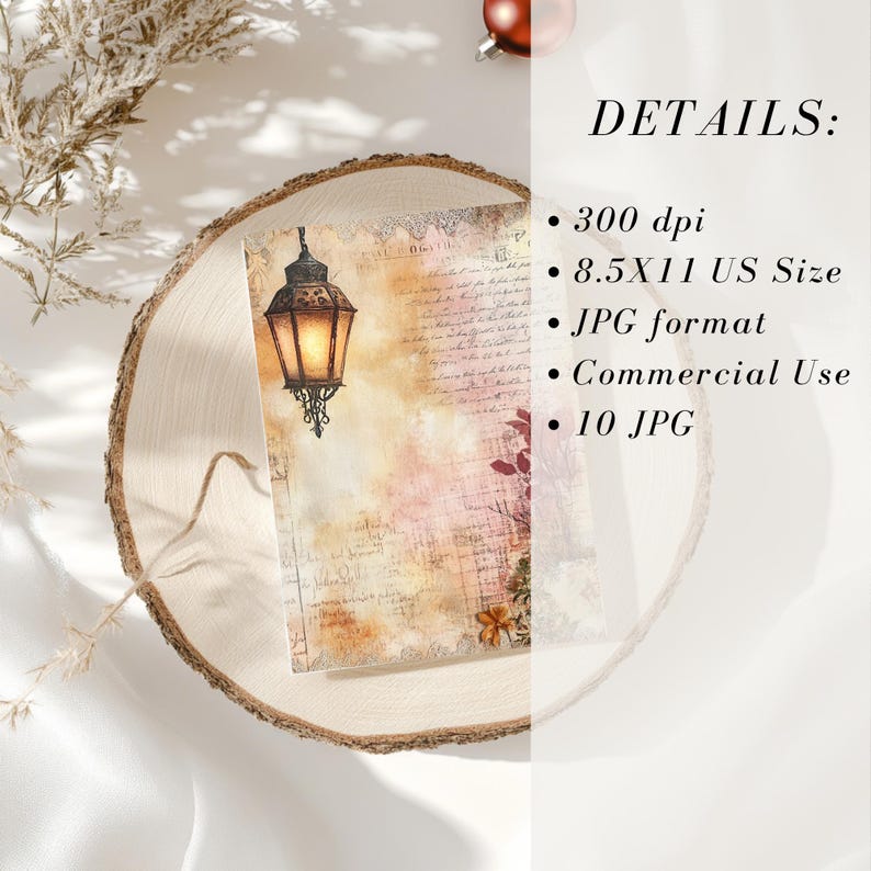 May include: A decorative paper with a vintage aesthetic. The design features a detailed illustration of a lantern with a warm glow, set against a backdrop of aged paper with script and floral accents. The text "DETAILS:" is visible.