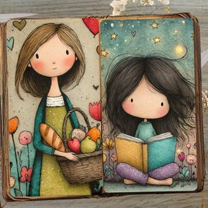Op de afbeelding: Een grillige illustratie van een boek met twee sc&egrave;nes. E&eacute;n toont een vrouw met een mand met eten, de andere een meisje dat onder de sterren leest. Het kunstwerk heeft zachte kleuren, bloemelementen en een vintage esthetiek.