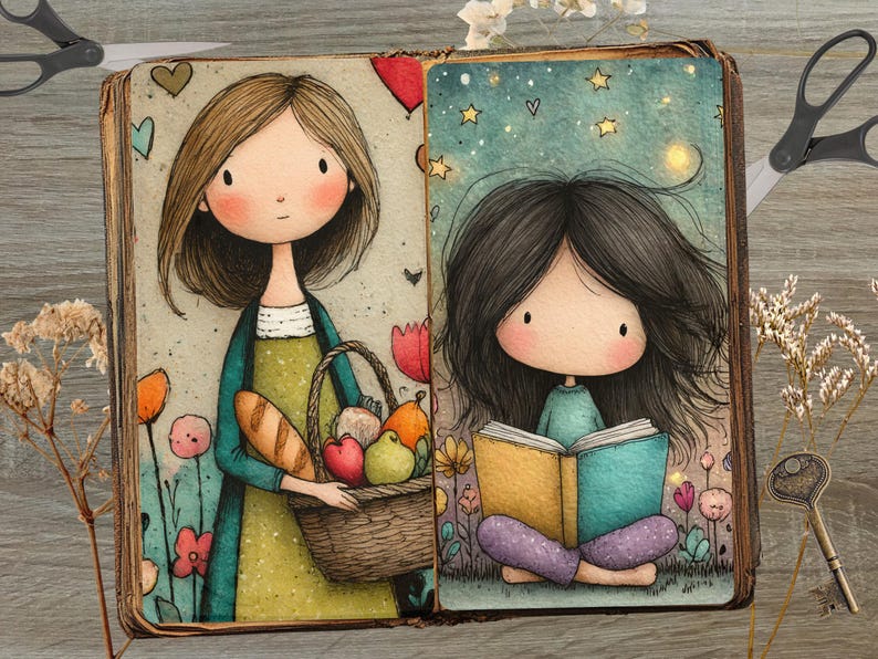 Op de afbeelding: Een grillige illustratie van een boek met twee sc&egrave;nes. E&eacute;n toont een vrouw met een mand met eten, de andere een meisje dat onder de sterren leest. Het kunstwerk heeft zachte kleuren, bloemelementen en een vintage esthetiek.