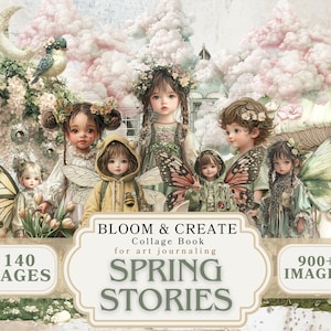 Pacote de colagens de histórias de primavera efêmeras, natureza caprichosa, corte digital e colagem para impressão para projetos de artesanato, download de arte sazonal