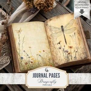 Peut inclure: Pages d'un journal vintage ouvert, avec des illustrations de libellules et des motifs floraux. Les pages ont un aspect vieilli et usé. Le journal est intitulé "Journal Pages Dragonfly Printable."