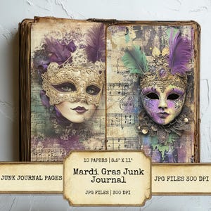Mardi Gras ongewenste dagboekpagina's Set van 10 afdrukbare 300 DPI digitale papers grillige festivalkunst voor scrapbooking ambachten collage downloaden